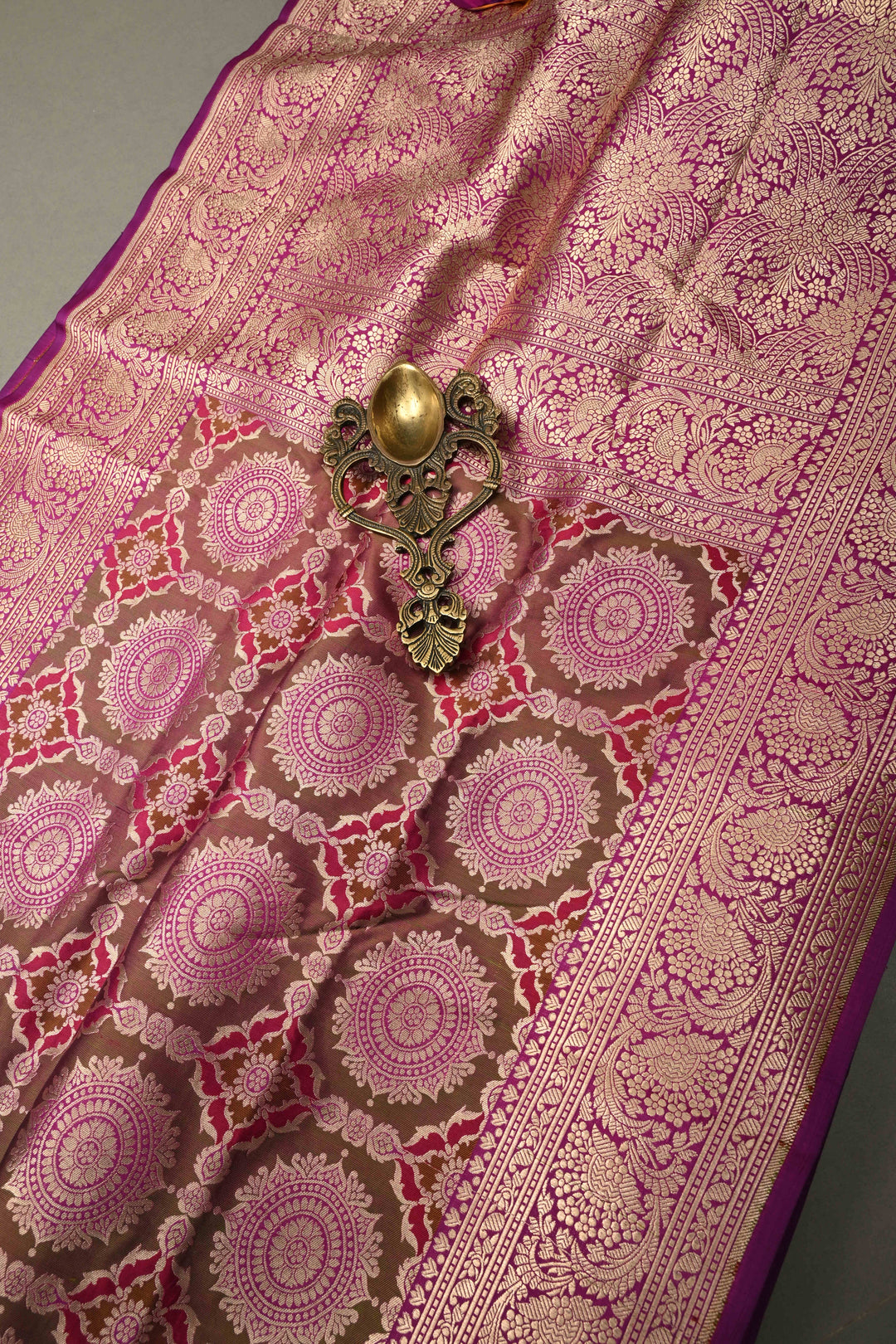 Brown-Green-Purple Dual Tone Pure Banarasi Katan Silk Saree with Meenakari Floral Brocade Jaal and Zari Border | SILK MARK CERTIFIED | SHOBITAM