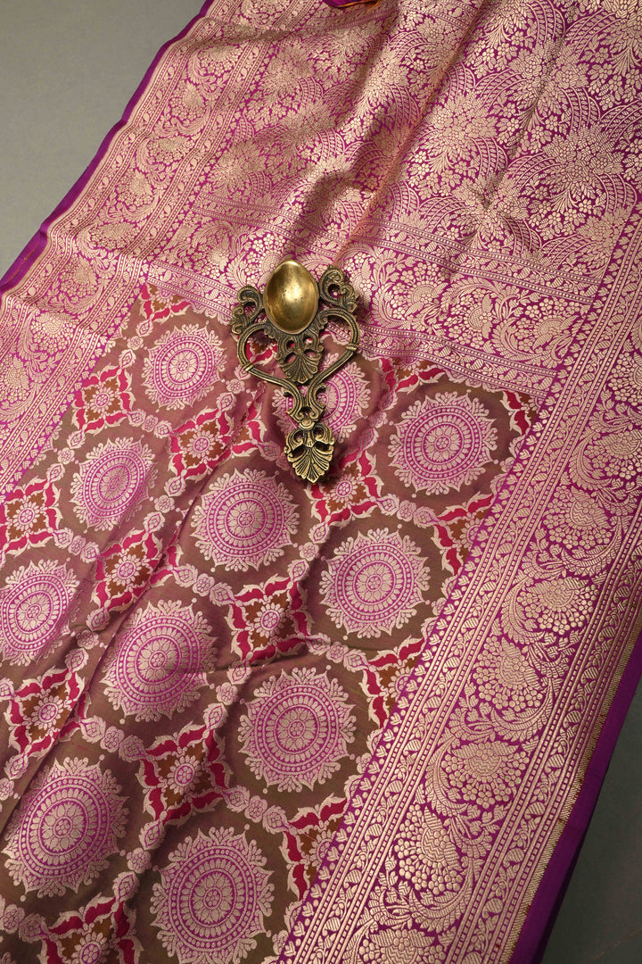 Brown-Green-Purple Dual Tone Pure Banarasi Katan Silk Saree with Meenakari Floral Brocade Jaal and Zari Border | SILK MARK CERTIFIED | SHOBITAM