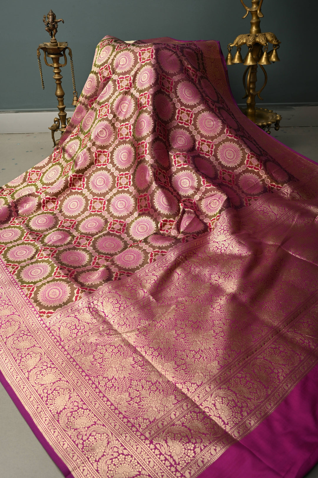 Brown-Green-Purple Dual Tone Pure Banarasi Katan Silk Saree with Meenakari Floral Brocade Jaal and Zari Border | SILK MARK CERTIFIED | SHOBITAM
