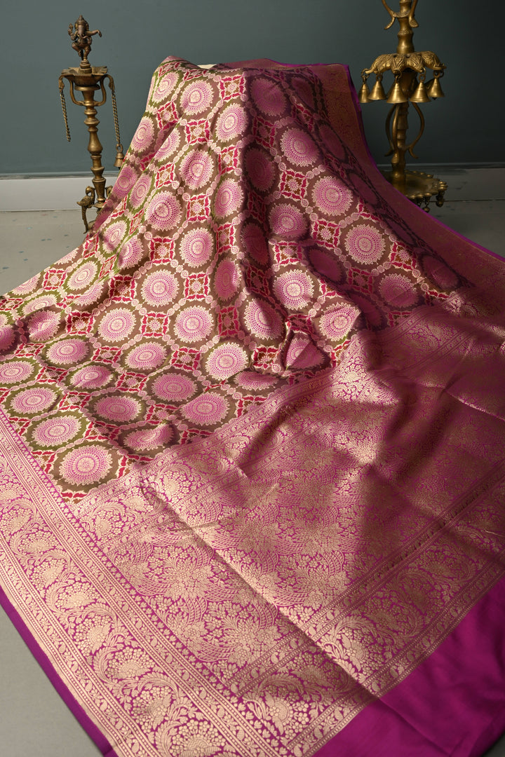 Brown-Green-Purple Dual Tone Pure Banarasi Katan Silk Saree with Meenakari Floral Brocade Jaal and Zari Border | SILK MARK CERTIFIED | SHOBITAM