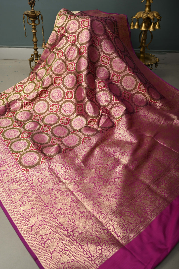 Brown-Green-Purple Dual Tone Pure Banarasi Katan Silk Saree with Meenakari Floral Brocade Jaal and Zari Border | SILK MARK CERTIFIED | SHOBITAM