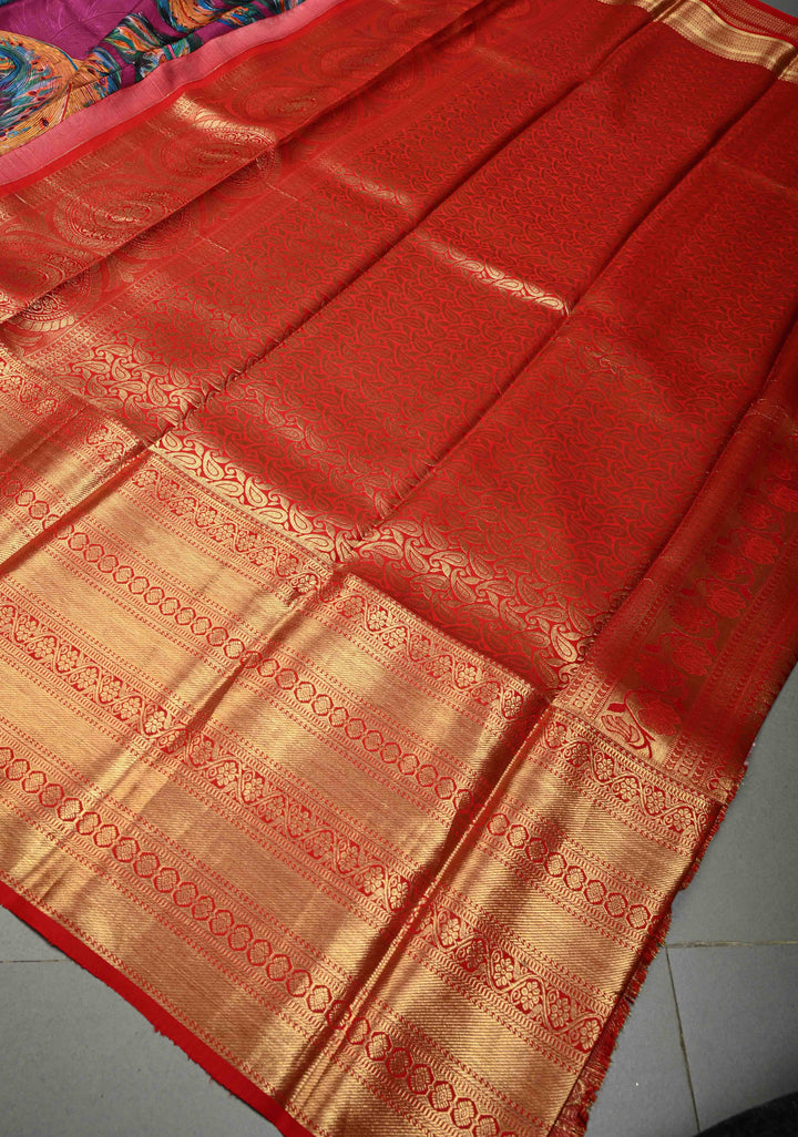 Plum Pure Kanjivaram Silk Saree with Feather Digital Print and Contrast Wide Zari Border | SILK MARK CERTIFIED | SHOBITAM