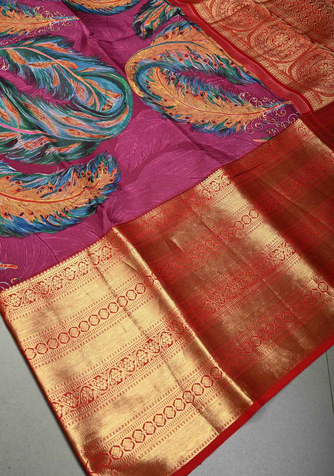 Plum Pure Kanjivaram Silk Saree with Feather Digital Print and Contrast Wide Zari Border | SILK MARK CERTIFIED | SHOBITAM