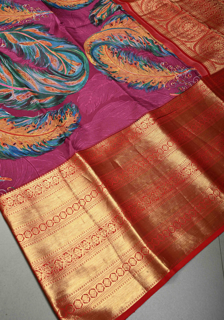 Plum Pure Kanjivaram Silk Saree with Feather Digital Print and Contrast Wide Zari Border | SILK MARK CERTIFIED | SHOBITAM