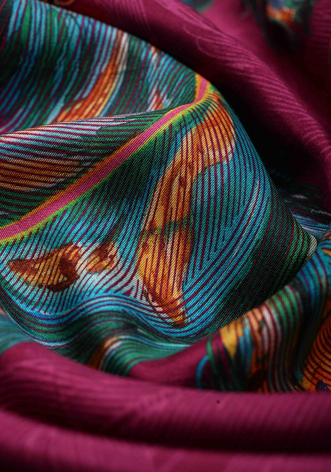Plum Pure Kanjivaram Silk Saree with Feather Digital Print and Contrast Wide Zari Border | SILK MARK CERTIFIED | SHOBITAM