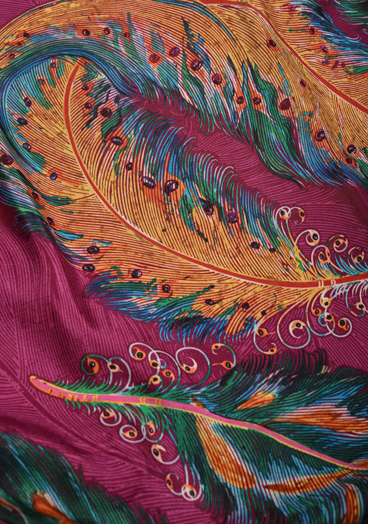 Plum Pure Kanjivaram Silk Saree with Feather Digital Print and Contrast Wide Zari Border | SILK MARK CERTIFIED | SHOBITAM