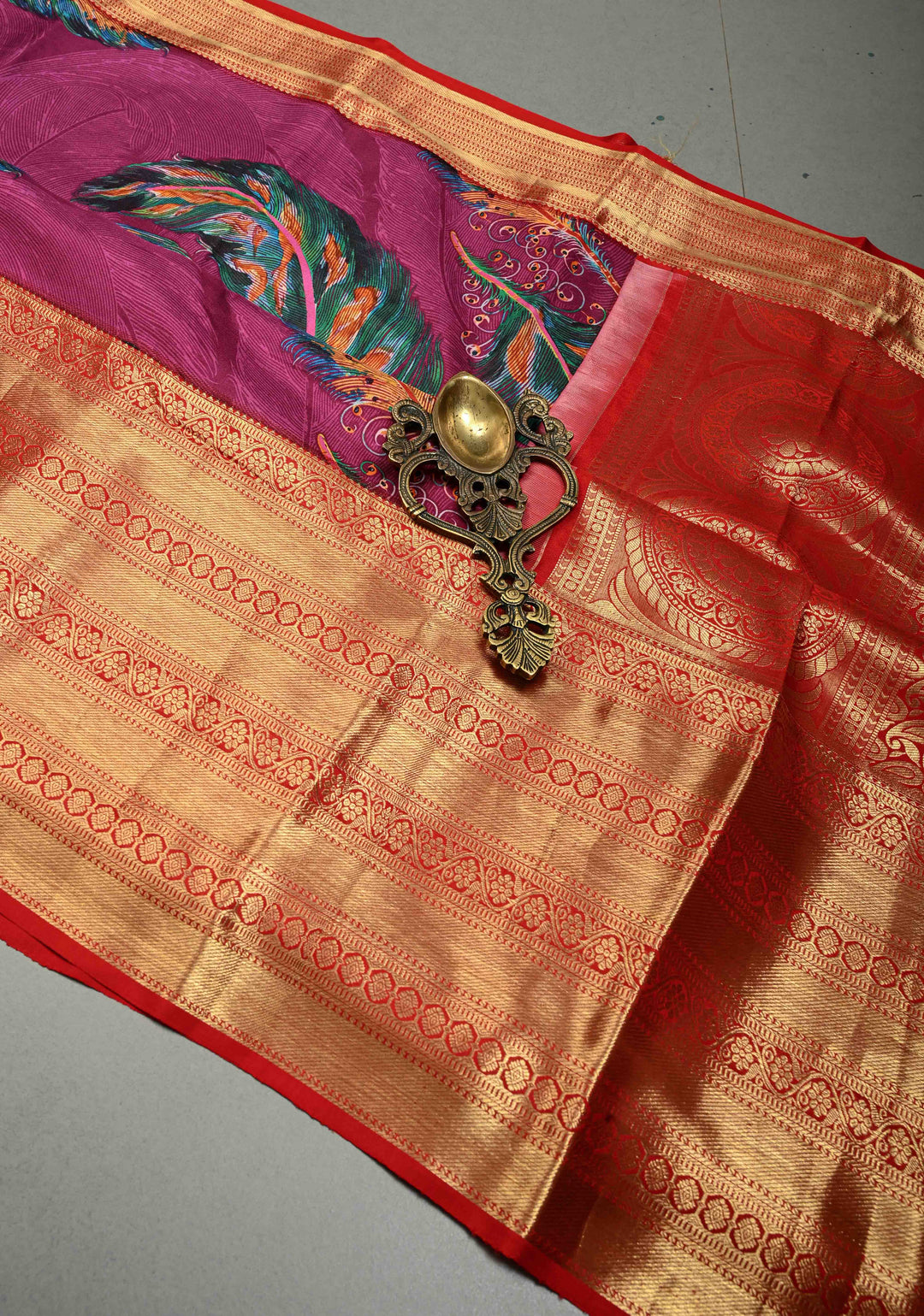 Plum Pure Kanjivaram Silk Saree with Feather Digital Print and Contrast Wide Zari Border | SILK MARK CERTIFIED | SHOBITAM