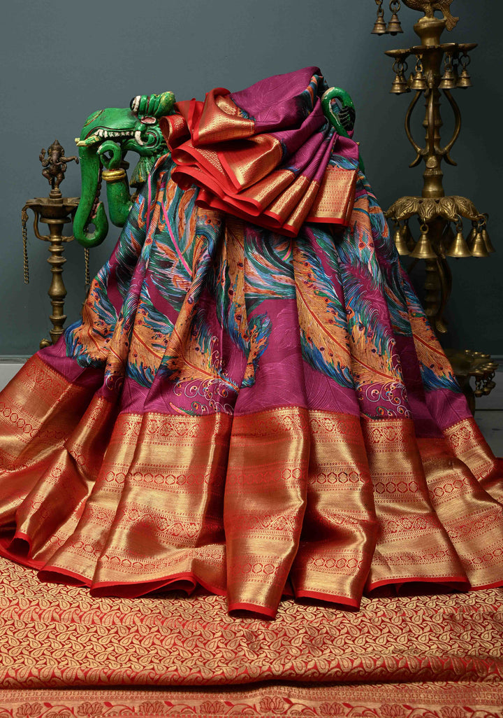 Plum Pure Kanjivaram Silk Saree with Feather Digital Print and Contrast Wide Zari Border | SILK MARK CERTIFIED | SHOBITAM