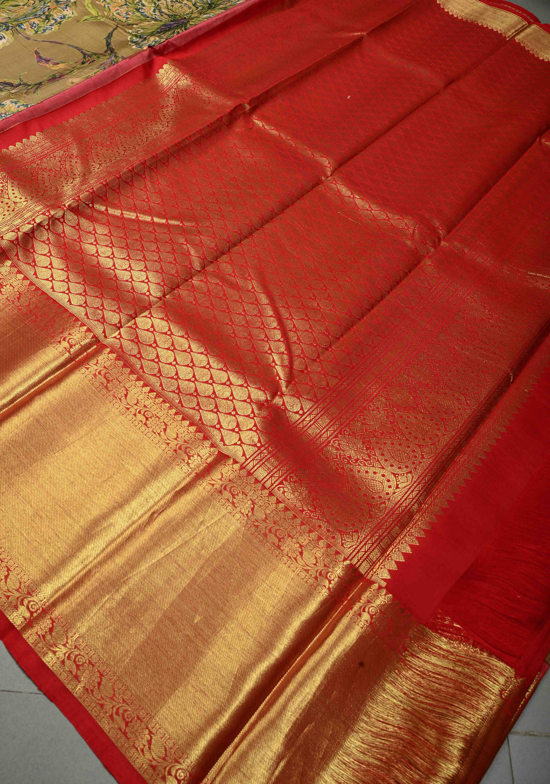 Methi Brown Pure Kanjivaram Silk Saree with Floral Digital Print and Contrast Wide Zari Border | SILK MARK CERTIFIED | SHOBITAM
