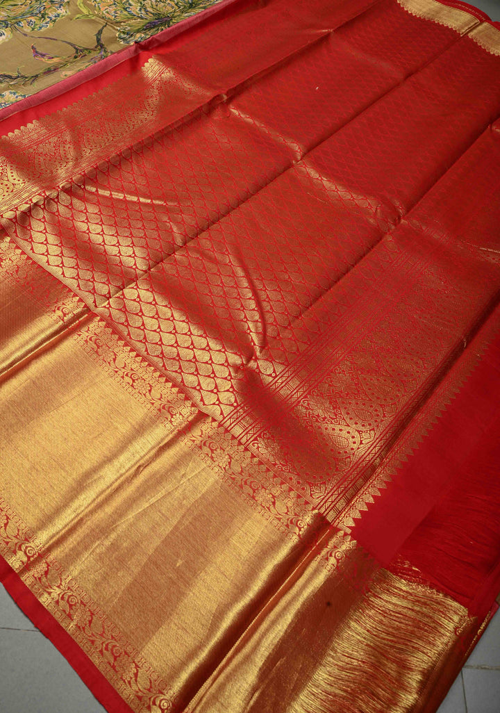 Methi Brown Pure Kanjivaram Silk Saree with Floral Digital Print and Contrast Wide Zari Border | SILK MARK CERTIFIED | SHOBITAM