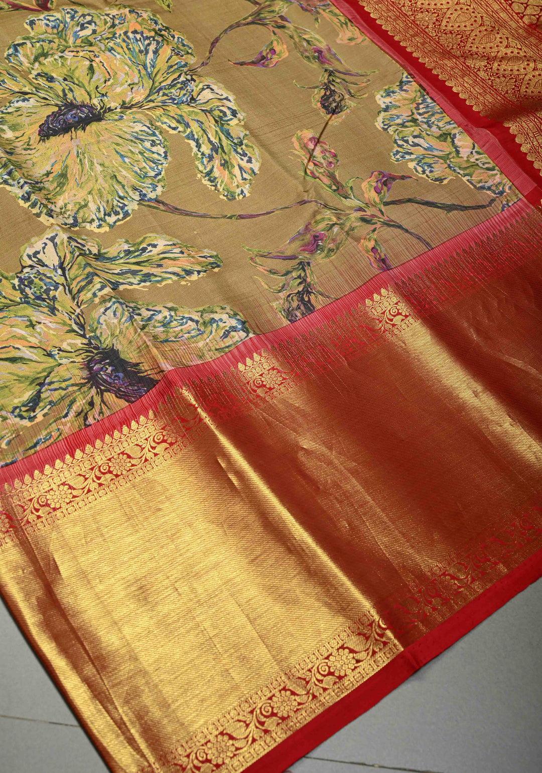 Methi Brown Pure Kanjivaram Silk Saree with Floral Digital Print and Contrast Wide Zari Border | SILK MARK CERTIFIED | SHOBITAM