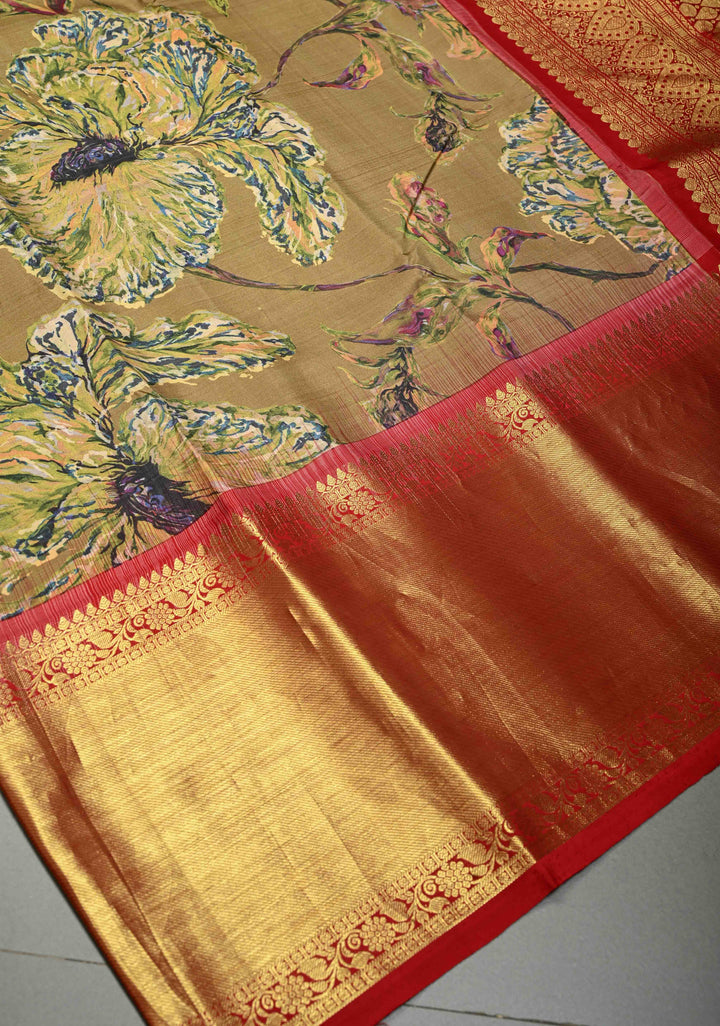 Methi Brown Pure Kanjivaram Silk Saree with Floral Digital Print and Contrast Wide Zari Border | SILK MARK CERTIFIED | SHOBITAM