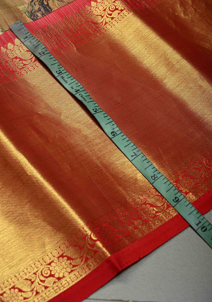 Methi Brown Pure Kanjivaram Silk Saree with Floral Digital Print and Contrast Wide Zari Border | SILK MARK CERTIFIED | SHOBITAM