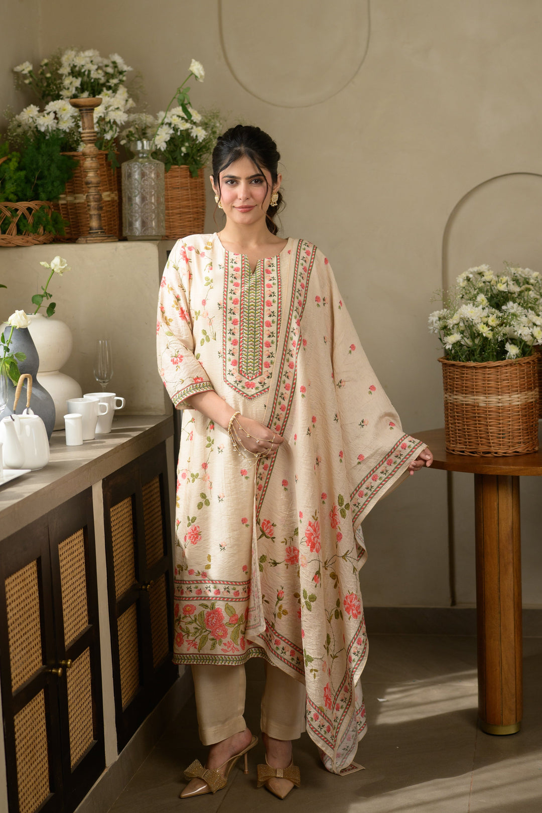Gulbahar Wrinkled Mul Chanderi Suit Set- SET OF-3 | SHOBITAM