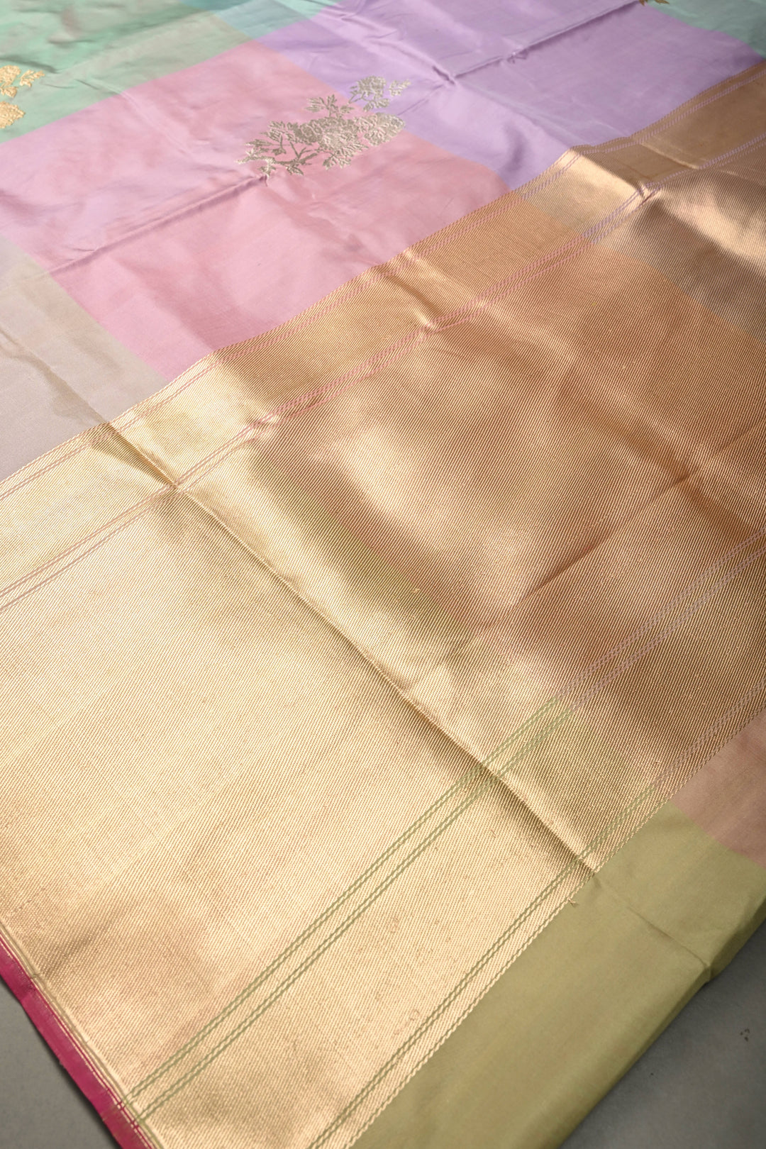 Pastel Hued Borderless Pure Banarasi Katan Silk Saree with Sona Rupa Floral Zari Buttas  | SILK MARK CERTIFIED | SHOBITAM