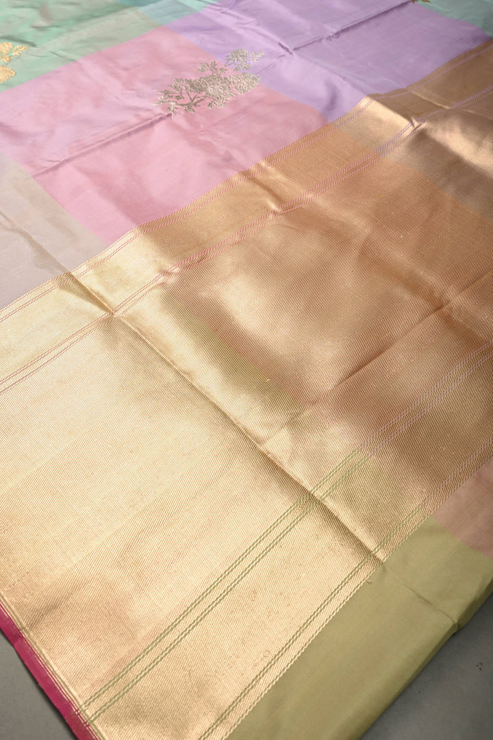 Pastel Hued Borderless Pure Banarasi Katan Silk Saree with Sona Rupa Floral Zari Buttas  | SILK MARK CERTIFIED | SHOBITAM