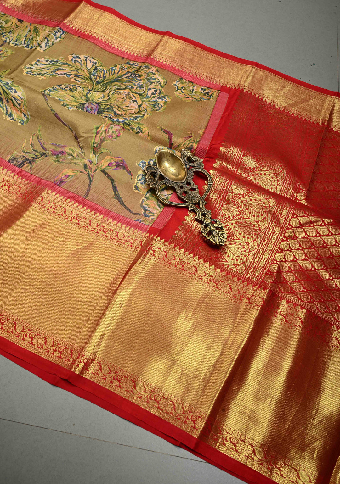 Methi Brown Pure Kanjivaram Silk Saree with Floral Digital Print and Contrast Wide Zari Border | SILK MARK CERTIFIED | SHOBITAM