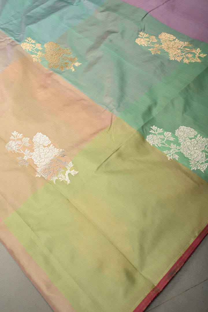 Pastel Hued Borderless Pure Banarasi Katan Silk Saree with Sona Rupa Floral Zari Buttas  | SILK MARK CERTIFIED | SHOBITAM
