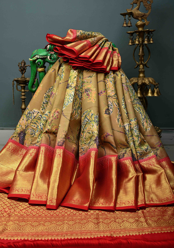 Methi Brown Pure Kanjivaram Silk Saree with Floral Digital Print and Contrast Wide Zari Border | SILK MARK CERTIFIED | SHOBITAM