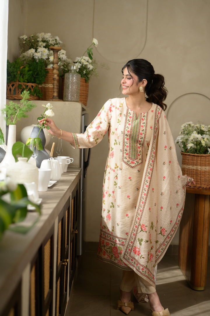 Gulbahar Wrinkled Mul Chanderi Suit Set- SET OF-3 | SHOBITAM