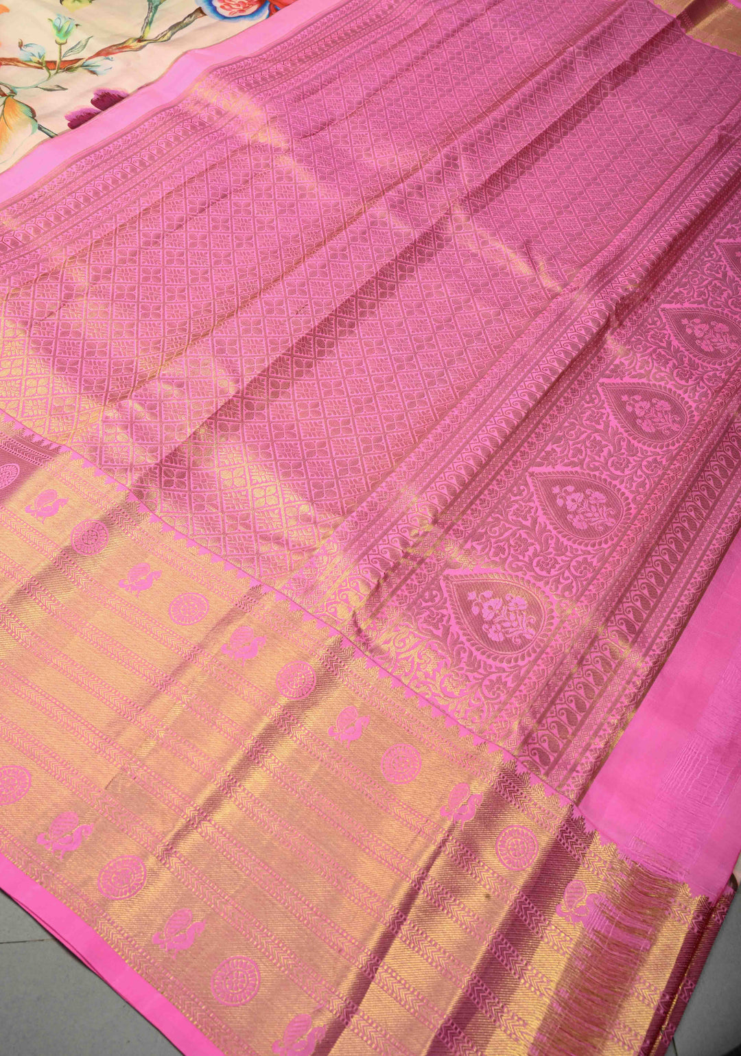 Cream Pure Kanjivaram Silk Saree with Digital Print and Contrast Wide Zari Border | SILK MARK CERTIFIED | SHOBITAM