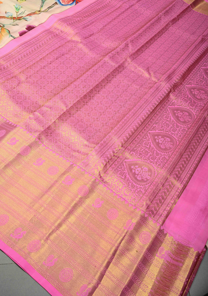 Cream Pure Kanjivaram Silk Saree with Digital Print and Contrast Wide Zari Border | SILK MARK CERTIFIED | SHOBITAM