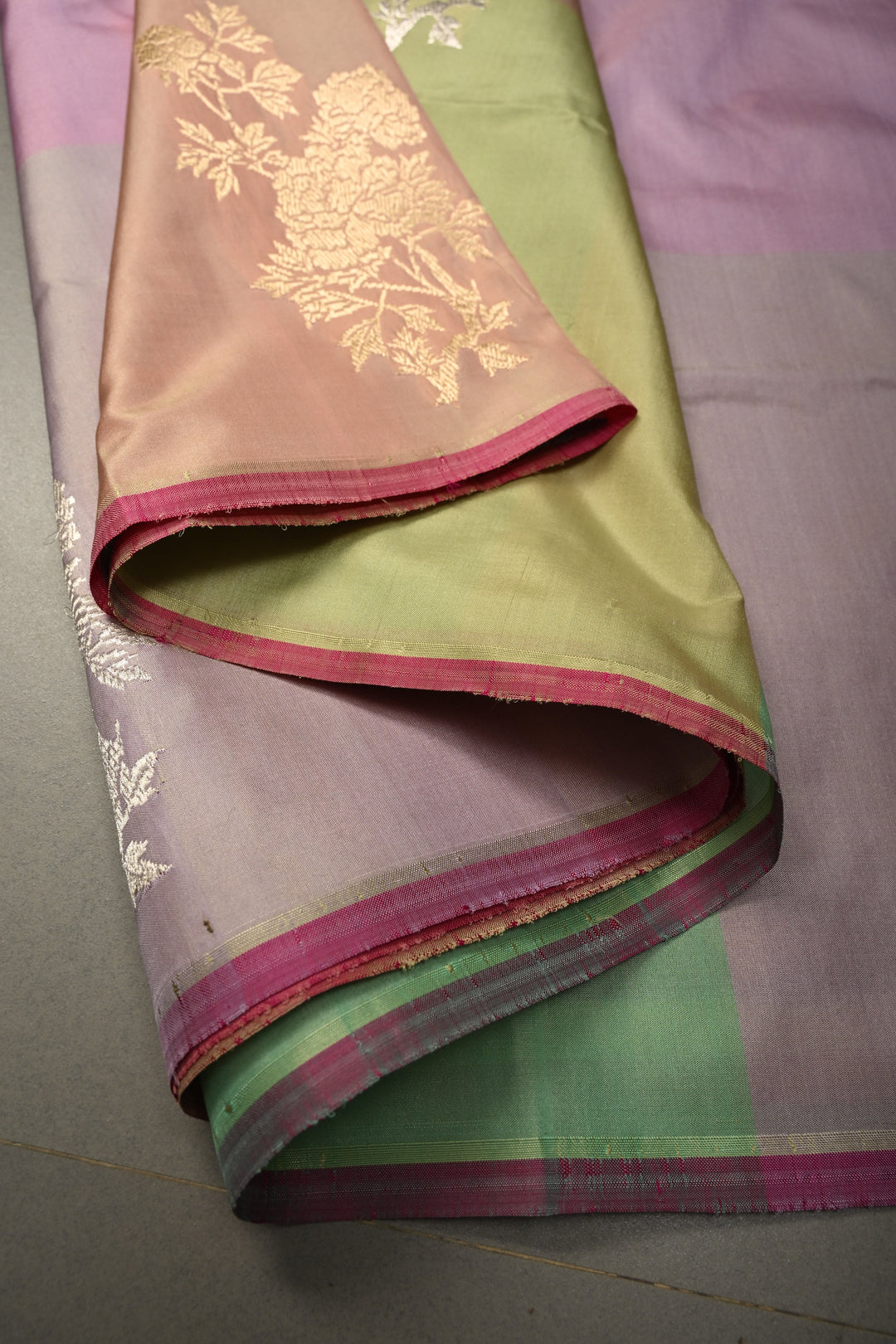 Pastel Hued Borderless Pure Banarasi Katan Silk Saree with Sona Rupa Floral Zari Buttas  | SILK MARK CERTIFIED | SHOBITAM