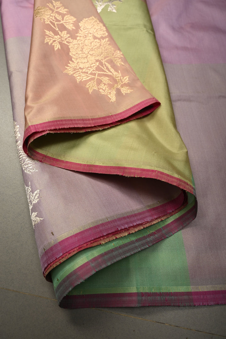 Pastel Hued Borderless Pure Banarasi Katan Silk Saree with Sona Rupa Floral Zari Buttas  | SILK MARK CERTIFIED | SHOBITAM