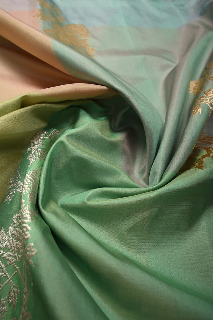 Pastel Hued Borderless Pure Banarasi Katan Silk Saree with Sona Rupa Floral Zari Buttas  | SILK MARK CERTIFIED | SHOBITAM