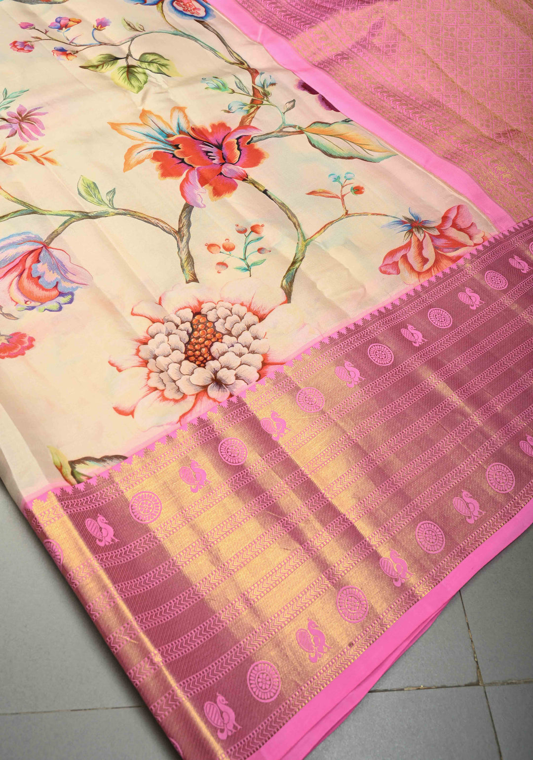Cream Pure Kanjivaram Silk Saree with Digital Print and Contrast Wide Zari Border | SILK MARK CERTIFIED | SHOBITAM