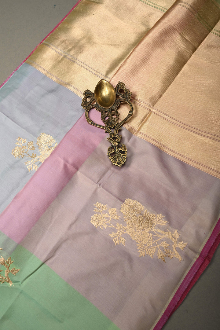 Pastel Hued Borderless Pure Banarasi Katan Silk Saree with Sona Rupa Floral Zari Buttas  | SILK MARK CERTIFIED | SHOBITAM