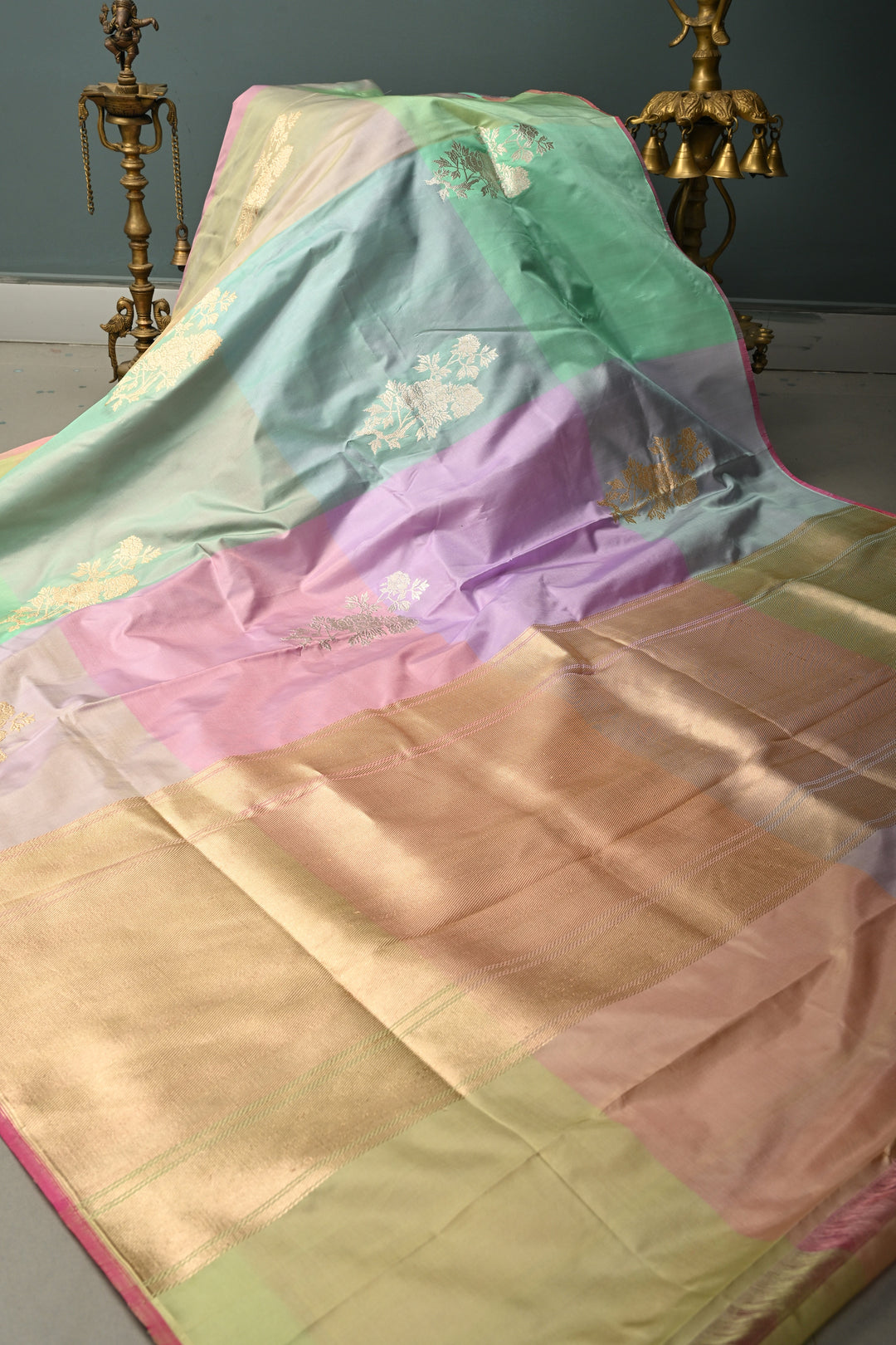 Pastel Hued Borderless Pure Banarasi Katan Silk Saree with Sona Rupa Floral Zari Buttas  | SILK MARK CERTIFIED | SHOBITAM