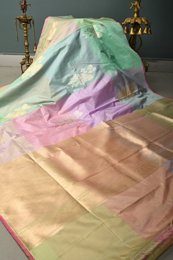 Pastel Hued Borderless Pure Banarasi Katan Silk Saree with Sona Rupa Floral Zari Buttas  | SILK MARK CERTIFIED | SHOBITAM
