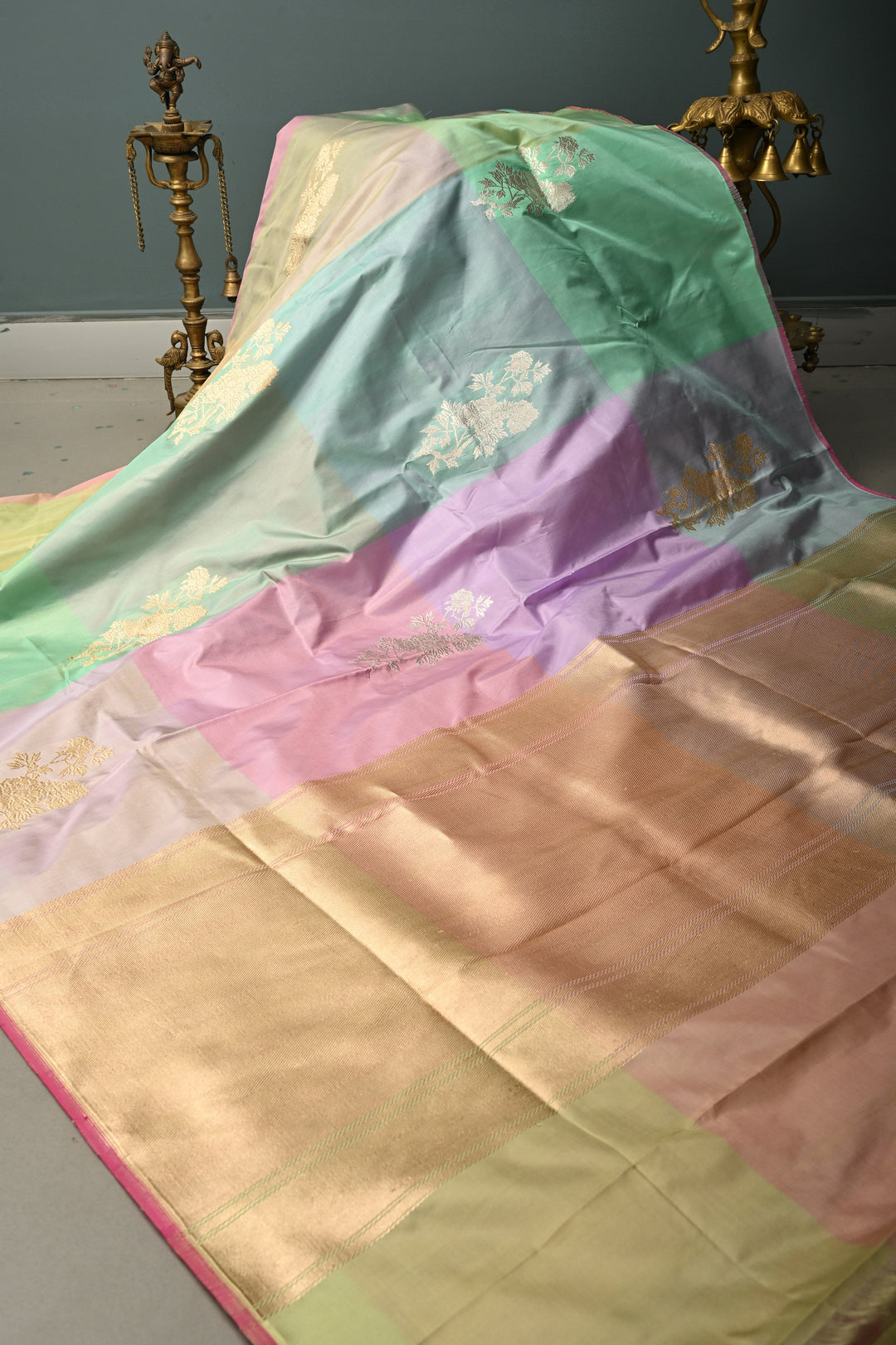 Pastel Hued Borderless Pure Banarasi Katan Silk Saree with Sona Rupa Floral Zari Buttas  | SILK MARK CERTIFIED | SHOBITAM