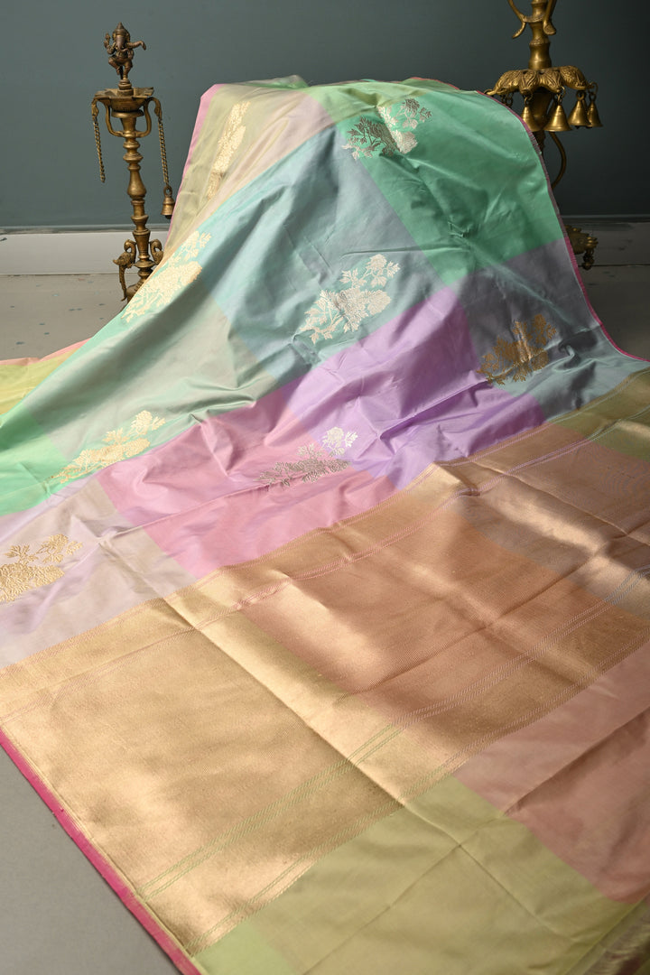 Pastel Hued Borderless Pure Banarasi Katan Silk Saree with Sona Rupa Floral Zari Buttas  | SILK MARK CERTIFIED | SHOBITAM