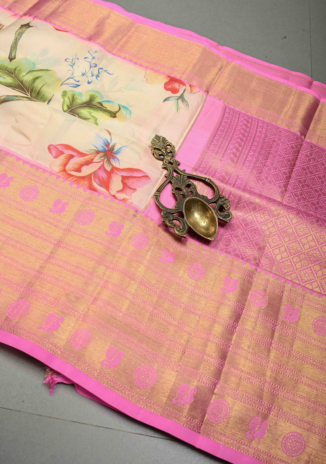 Cream Pure Kanjivaram Silk Saree with Digital Print and Contrast Wide Zari Border | SILK MARK CERTIFIED | SHOBITAM