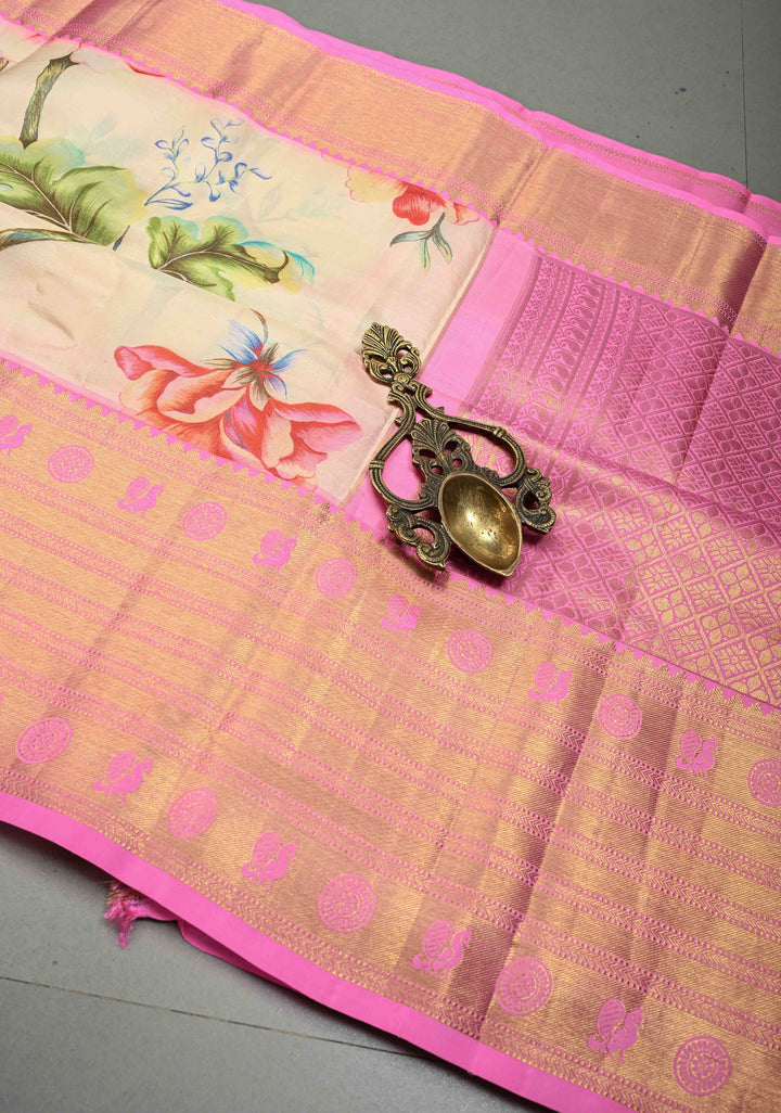 Cream Pure Kanjivaram Silk Saree with Digital Print and Contrast Wide Zari Border | SILK MARK CERTIFIED | SHOBITAM