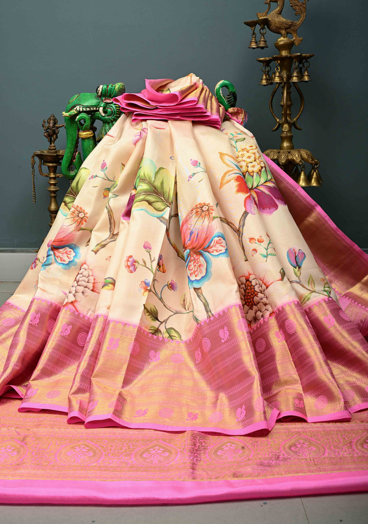 Cream Pure Kanjivaram Silk Saree with Digital Print and Contrast Wide Zari Border | SILK MARK CERTIFIED | SHOBITAM