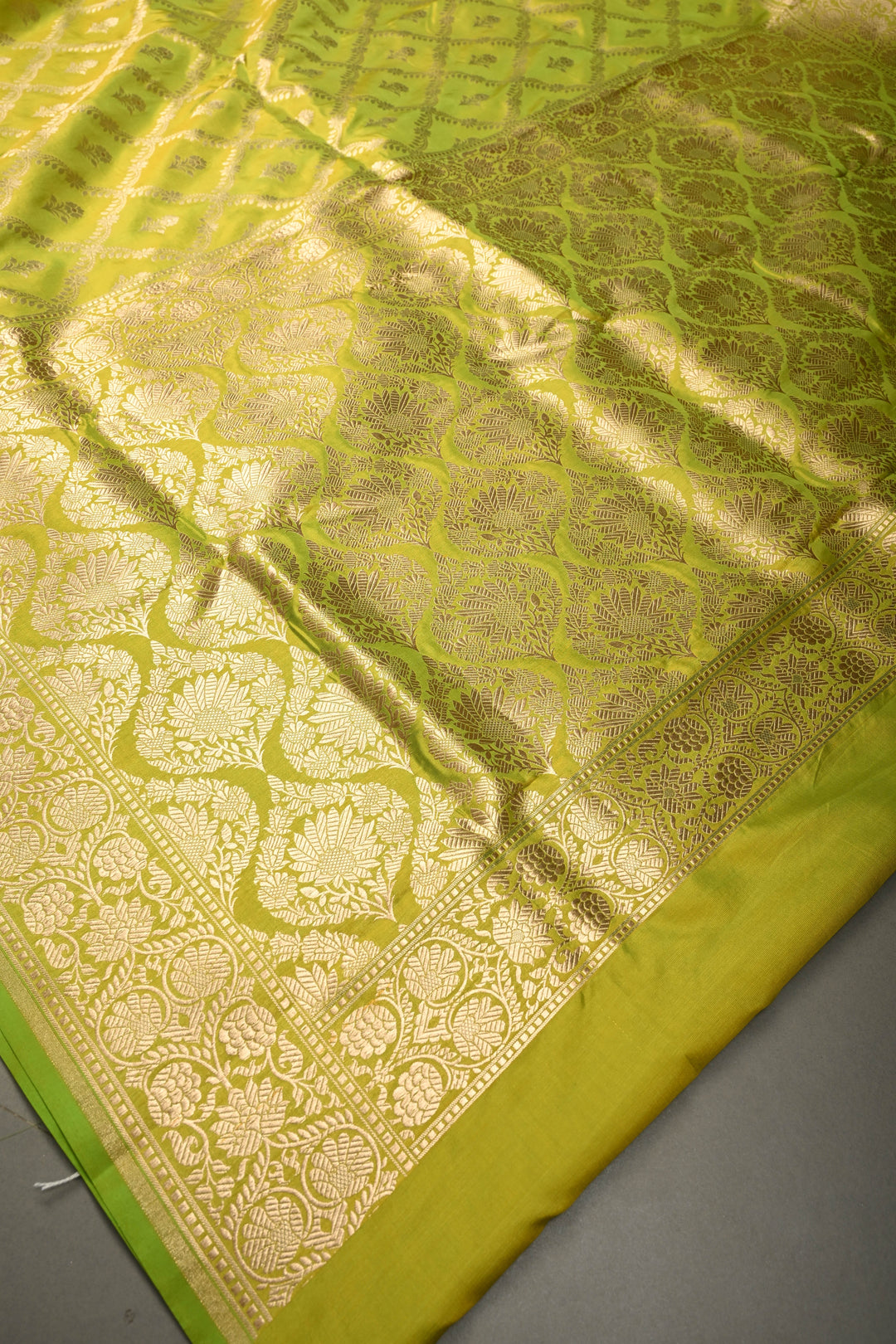 Chartreuse Pure Banarasi Katan Silk Saree with Brocade Jaal and Zari Border | SILK MARK CERTIFIED | SHOBITAM