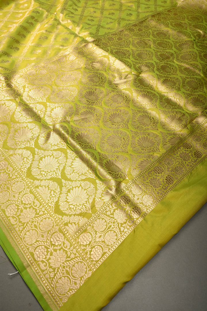 Chartreuse Pure Banarasi Katan Silk Saree with Brocade Jaal and Zari Border | SILK MARK CERTIFIED | SHOBITAM