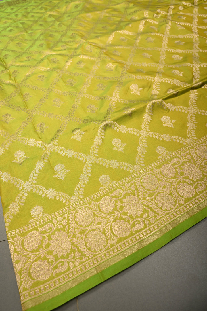 Chartreuse Pure Banarasi Katan Silk Saree with Brocade Jaal and Zari Border | SILK MARK CERTIFIED | SHOBITAM
