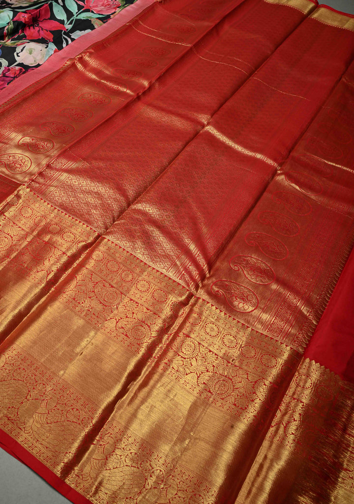 Black Pure Kanjivaram Silk Saree with Abstract Floral Digital Print and Contrast Red Wide Zari Border | SILK MARK CERTIFIED | SHOBITAM