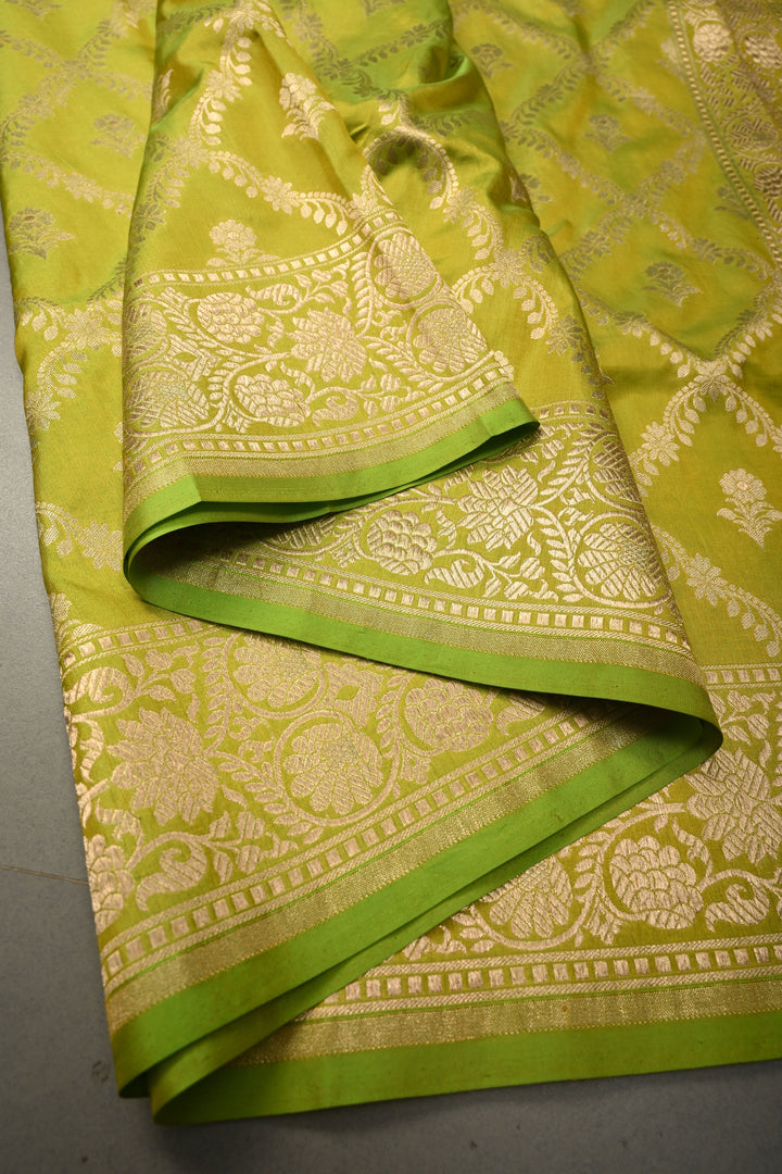 Chartreuse Pure Banarasi Katan Silk Saree with Brocade Jaal and Zari Border | SILK MARK CERTIFIED | SHOBITAM