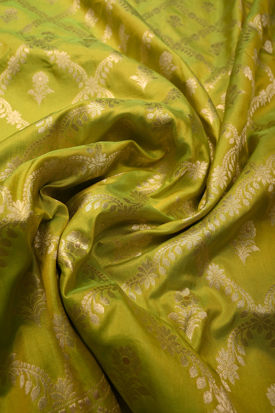 Chartreuse Pure Banarasi Katan Silk Saree with Brocade Jaal and Zari Border | SILK MARK CERTIFIED | SHOBITAM