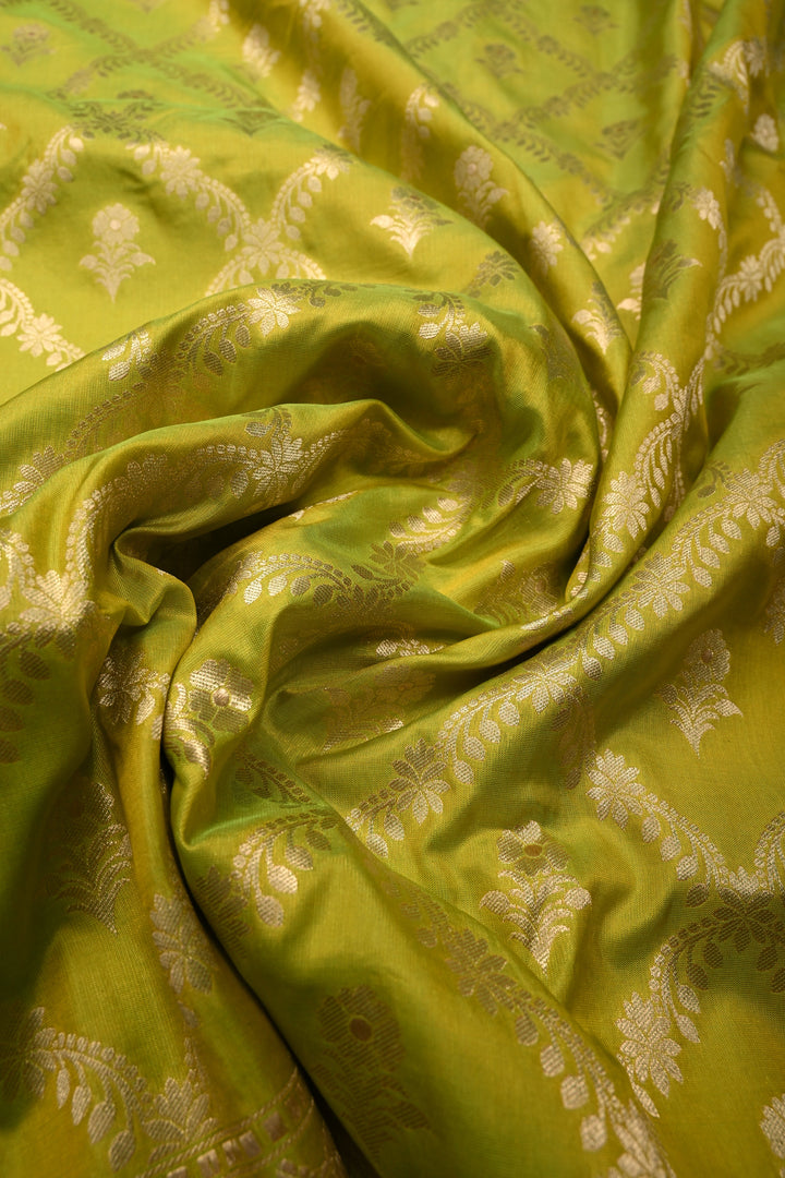 Chartreuse Pure Banarasi Katan Silk Saree with Brocade Jaal and Zari Border | SILK MARK CERTIFIED | SHOBITAM