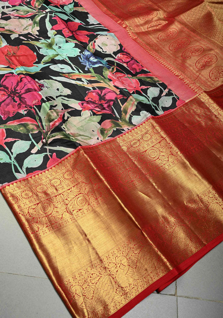 Black Pure Kanjivaram Silk Saree with Abstract Floral Digital Print and Contrast Red Wide Zari Border | SILK MARK CERTIFIED | SHOBITAM