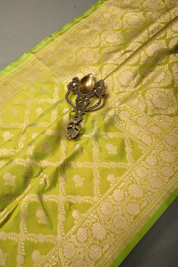 Chartreuse Pure Banarasi Katan Silk Saree with Brocade Jaal and Zari Border | SILK MARK CERTIFIED | SHOBITAM