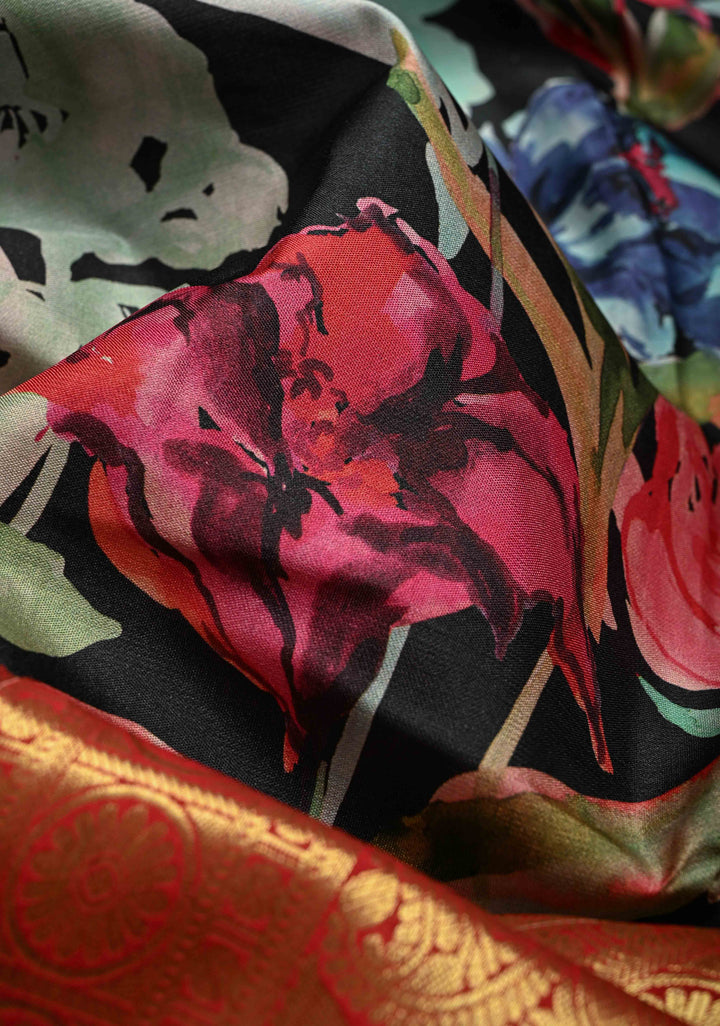 Black Pure Kanjivaram Silk Saree with Abstract Floral Digital Print and Contrast Red Wide Zari Border | SILK MARK CERTIFIED | SHOBITAM