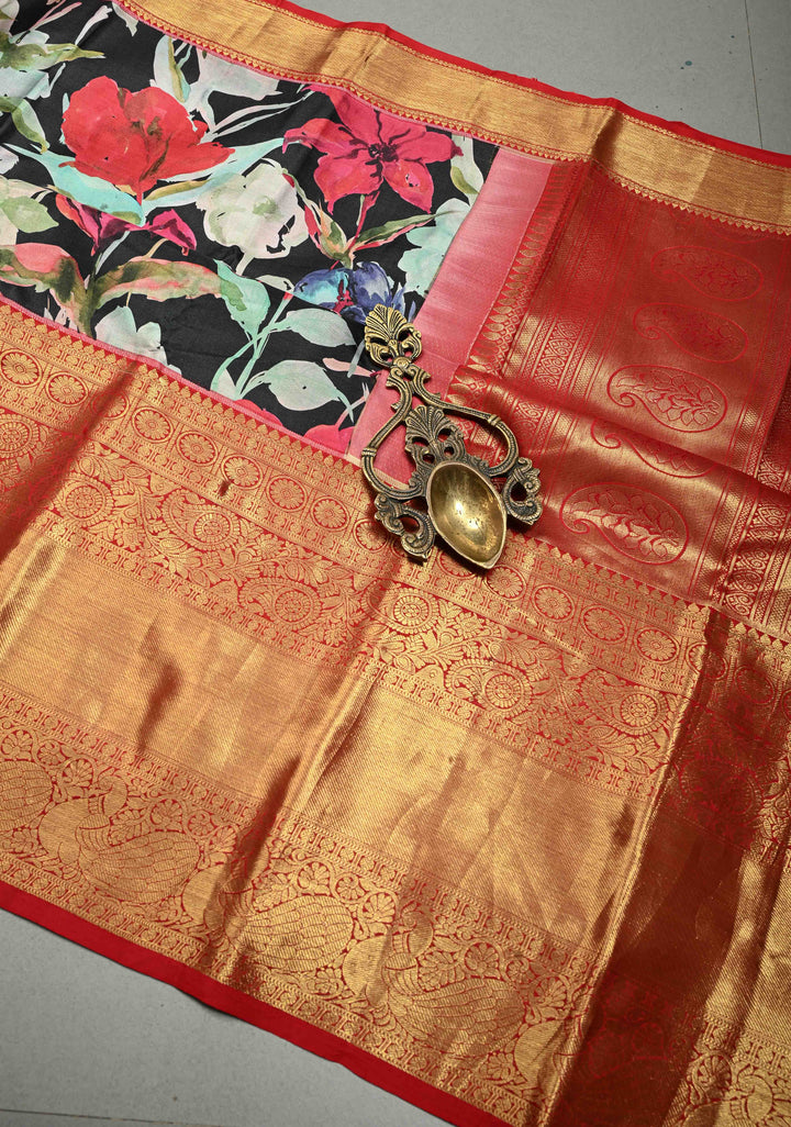 Black Pure Kanjivaram Silk Saree with Abstract Floral Digital Print and Contrast Red Wide Zari Border | SILK MARK CERTIFIED | SHOBITAM
