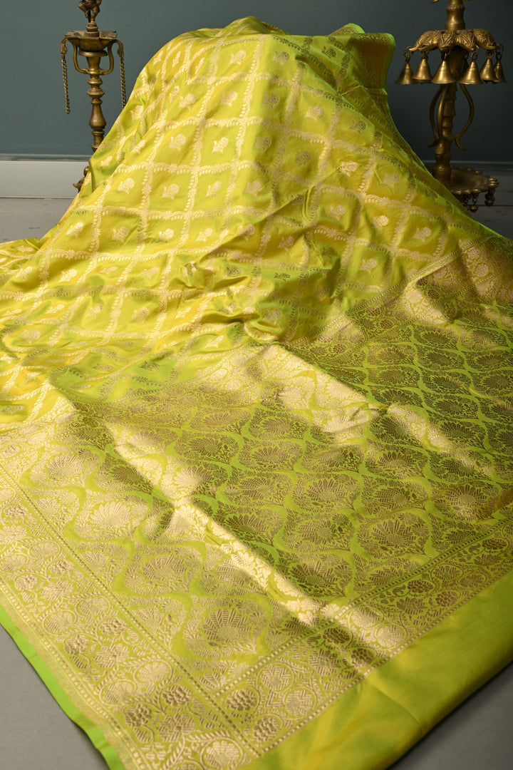 Chartreuse Pure Banarasi Katan Silk Saree with Brocade Jaal and Zari Border | SILK MARK CERTIFIED | SHOBITAM